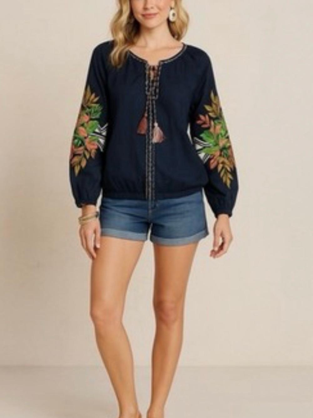 Embroidered Navy Peasant Blouse with Tassel Tie
